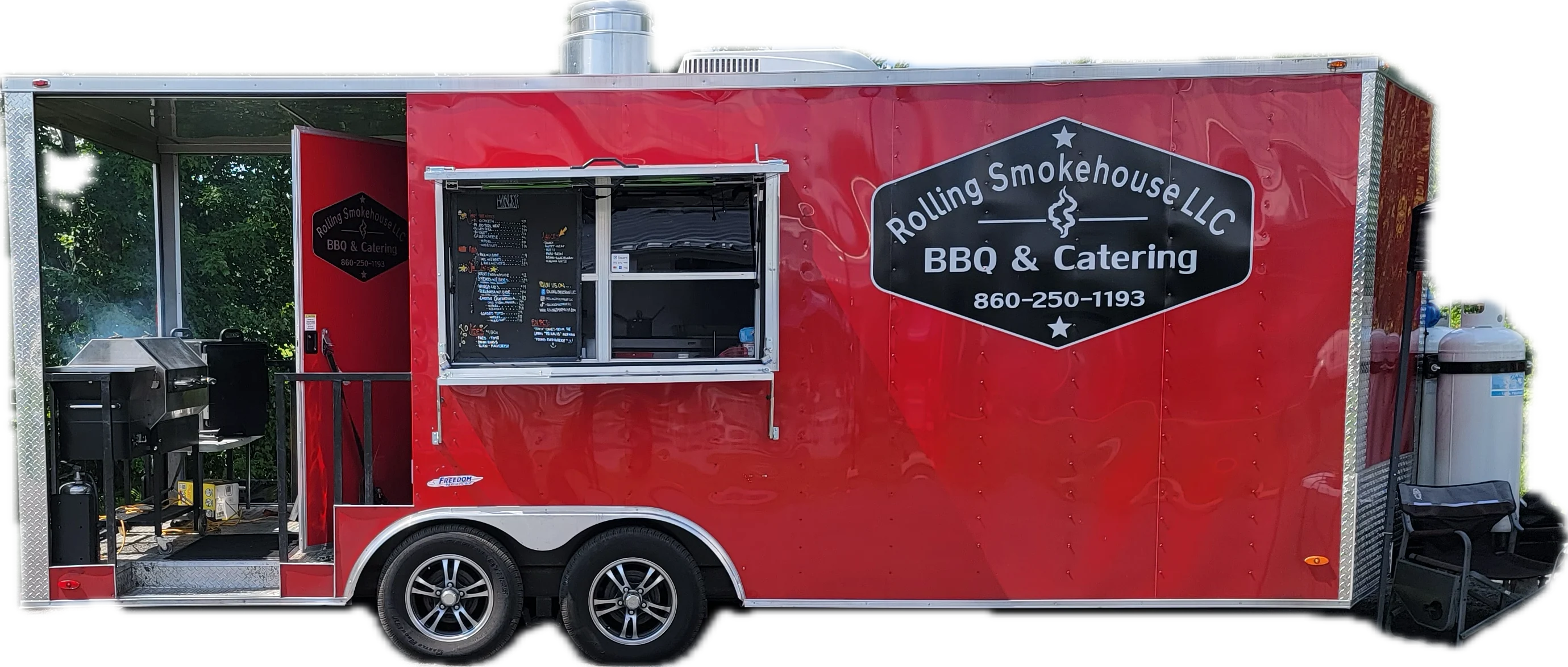 Rolling Smokehouse LLC red BBQ and catering food trailer with on-board smoker, Hartford County Connecticut